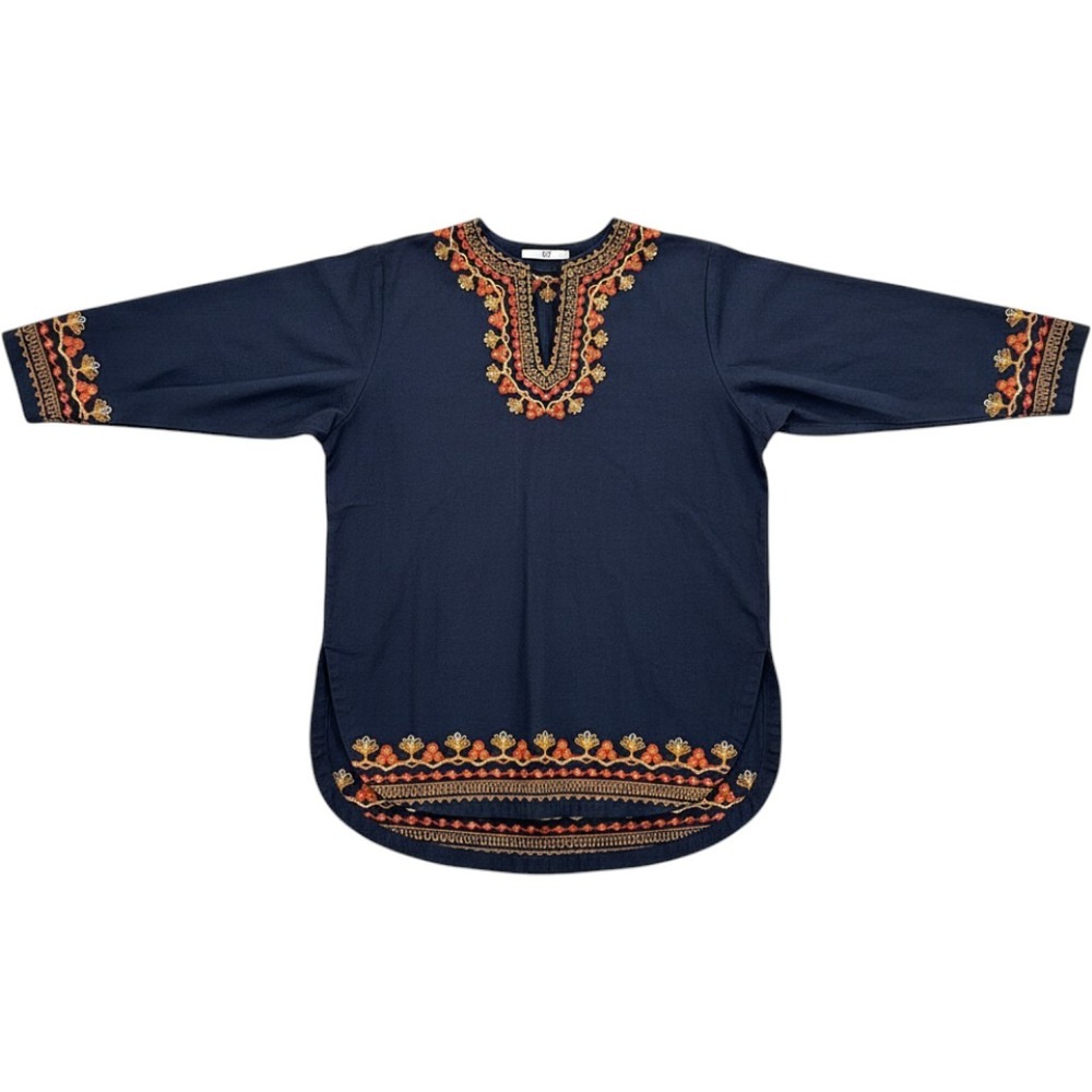 SLY Tunic Top Women One Size Navy Blue Embroidered Boho Linen Blend Split Neck